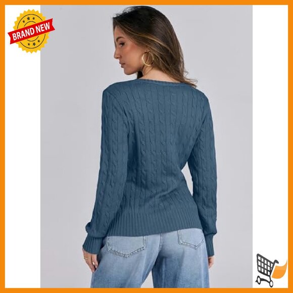 Slim Fit V-Neck Cable Knit Pullover Sweater Long Sleeve - Picture 7 of 8